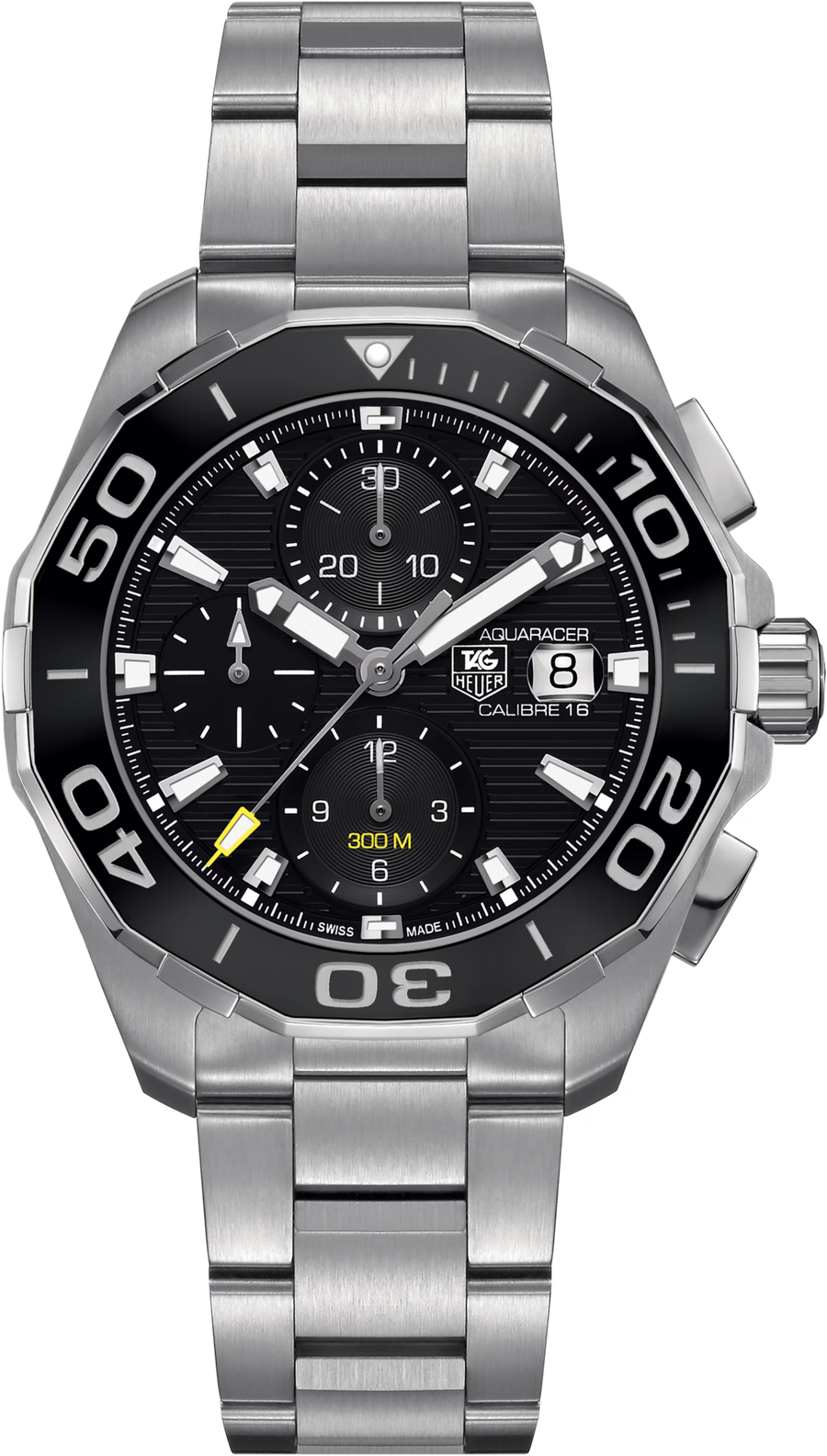 TAG Heuer Aquaracer Chronograph Uomo 43 mm Acciaio Quadrante Nero Lunetta Ceramica Vetro Zaffiro Calibre 16 Automatico Cronografo Data Bracciale Acciaio 30 ATM Swiss Made Ref. CAY211A.BA0927