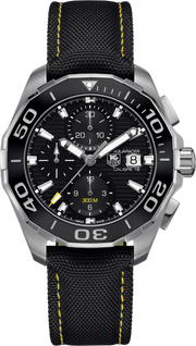 Orologio TAG Heuer cronografo con quadrante nero e cinturino nylon nero, cuciture gialle