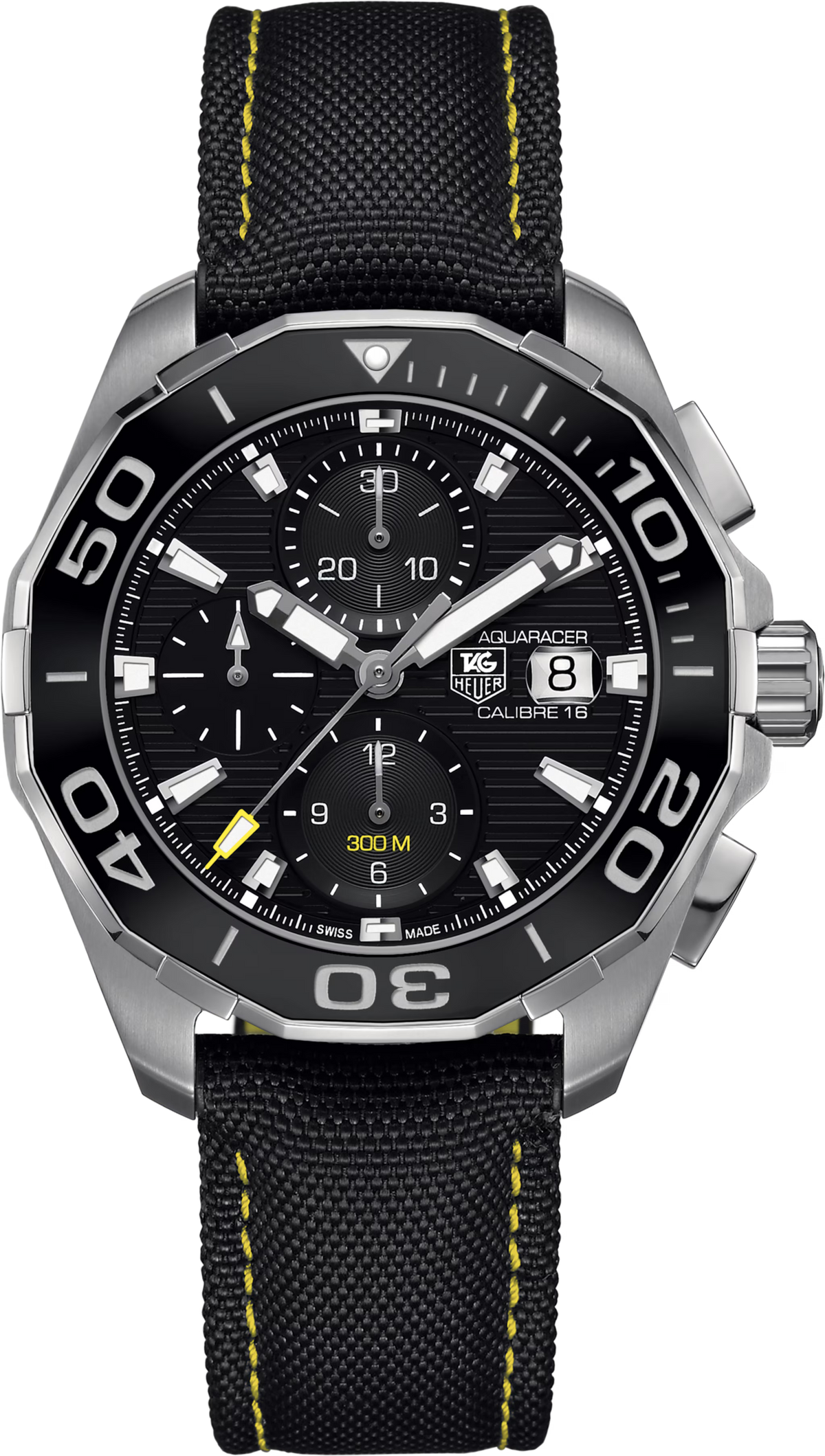 Orologio TAG Heuer cronografo con quadrante nero e cinturino nylon nero, cuciture gialle