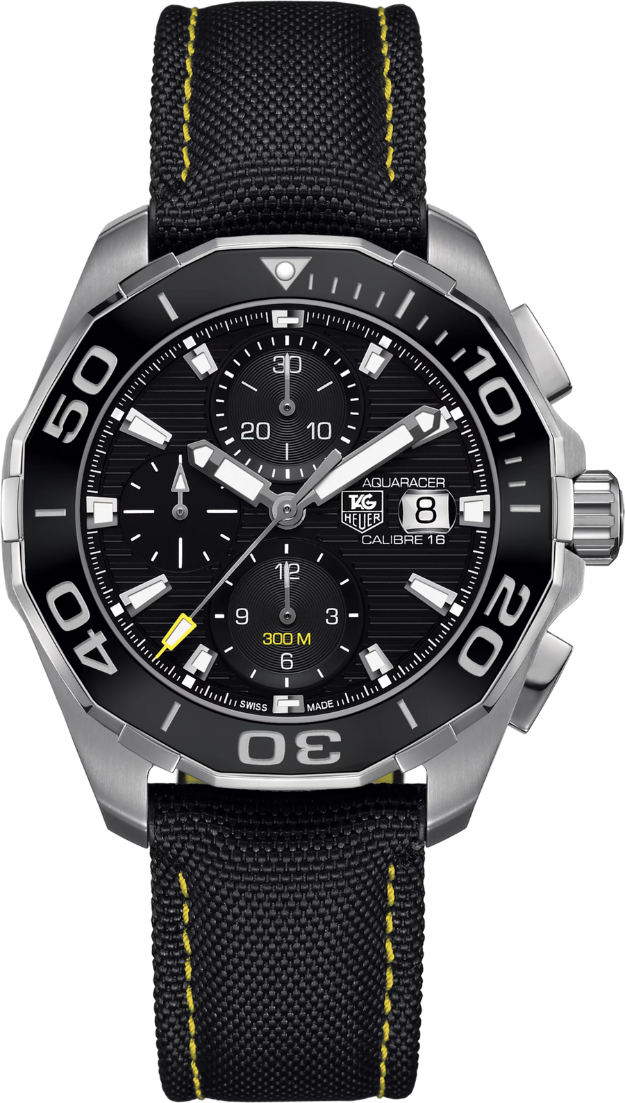 TAG Heuer Aquaracer 300M Calibre 16 Automatico Cronografo Uomo 43 mm Acciaio Quadrante Nero Lunetta Girevole in Acciaio e Ceramica Vetro Zaffiro Data Cinturino Nylon Nero 48 Ore 30 ATM Swiss Made Ref. CAY211A.FC6361
