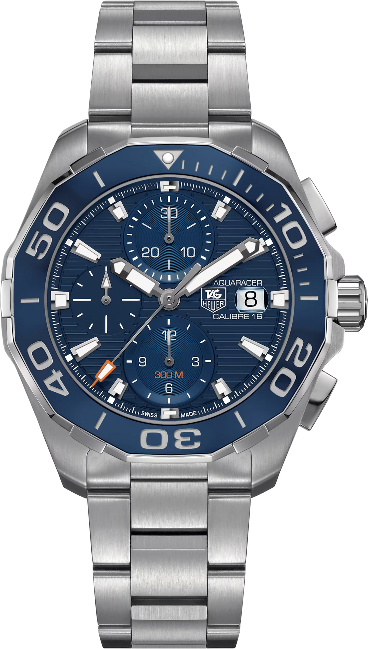 Orologio TAG Heuer Aquaracer 43 mm acciaio, quadrante blu, cronografo, bracciale in maglie