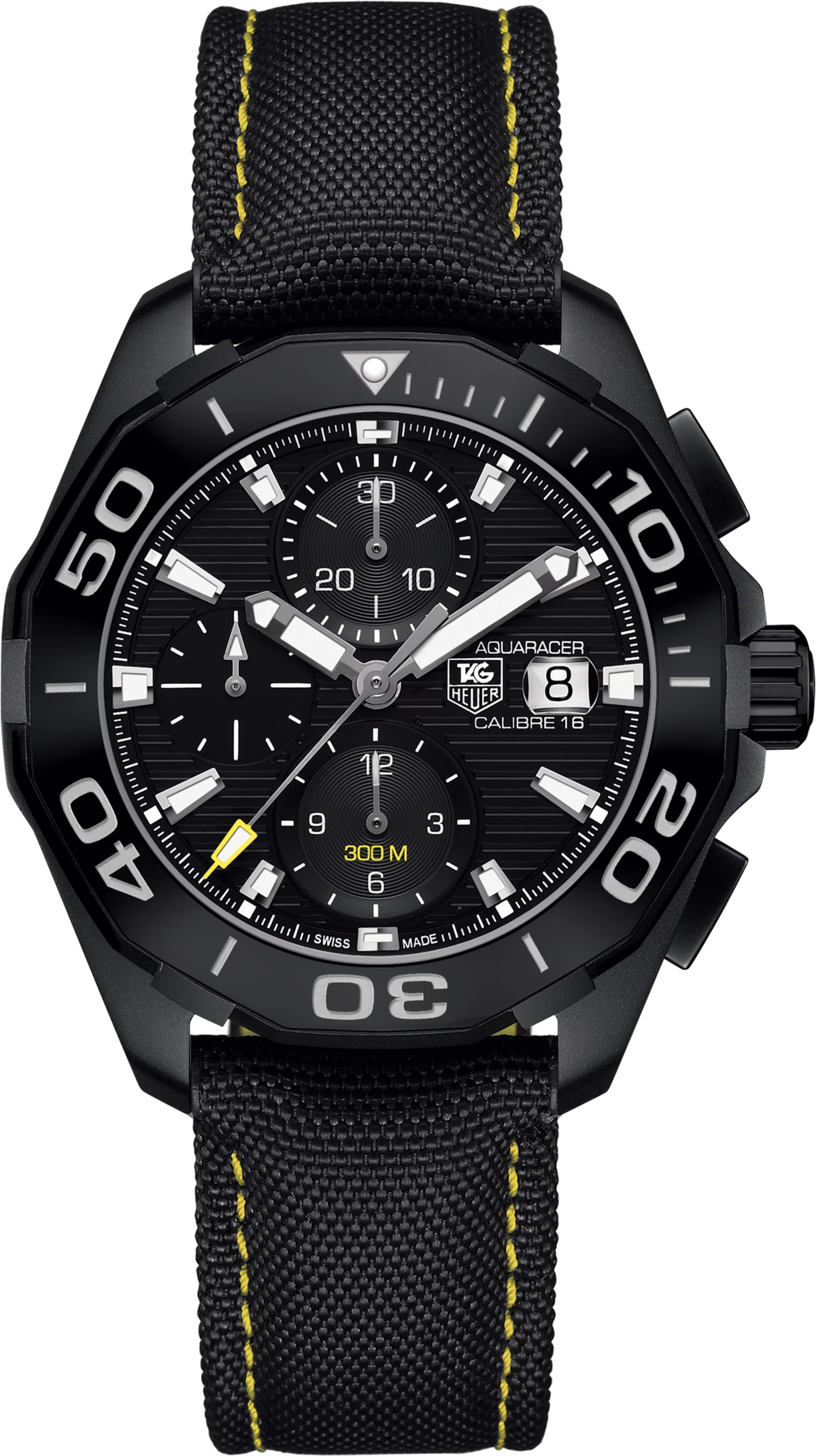 Orologio TAG Heuer Aquaracer 300M nero con quadrante cronografo e cinturino nylon nero