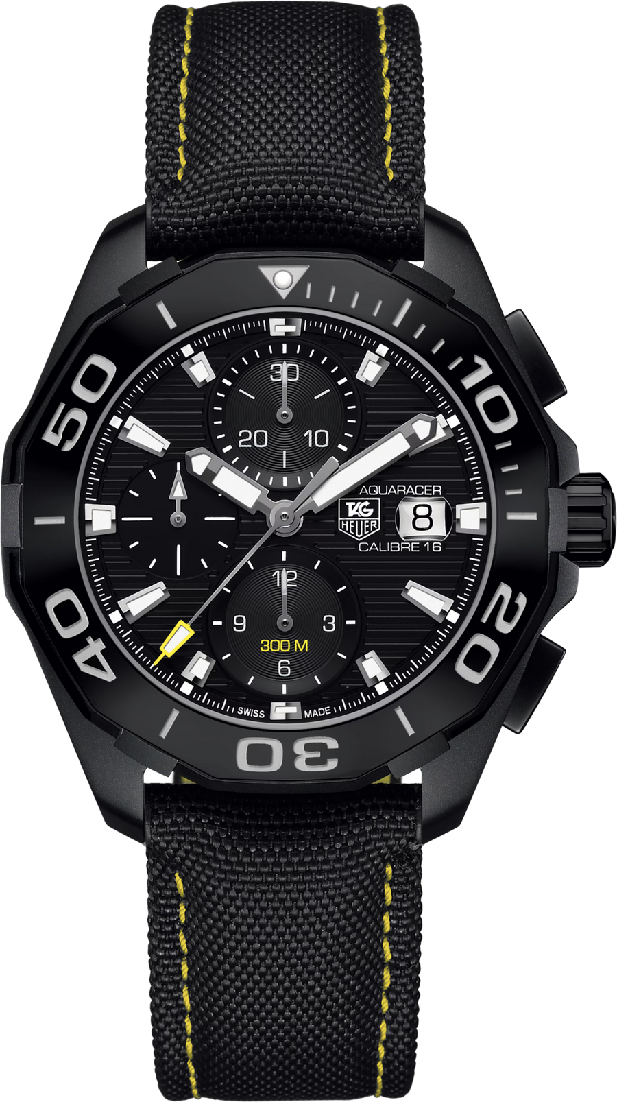 TAG Heuer Aquaracer 300M Calibre 16 Automatico Cronografo Uomo 43 mm Titanio Quadrante Nero Lunetta Girevole in Acciaio e Ceramica Vetro Zaffiro Data Cinturino Nylon Nero 48 Ore 30 ATM Swiss Made Ref. CAY218A.FC6361