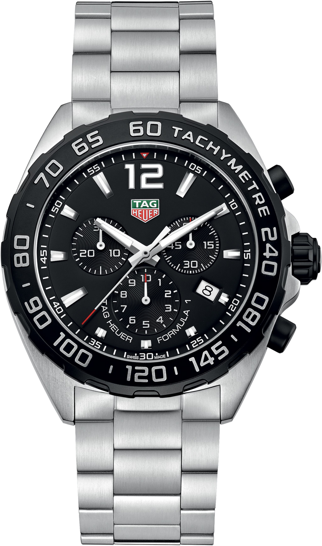 Orologio cronografo TAG Heuer Formula 1, quadrante nero e cinturino d'acciaio.