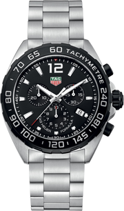 Orologio cronografo TAG Heuer Formula 1, quadrante nero e cinturino d'acciaio.