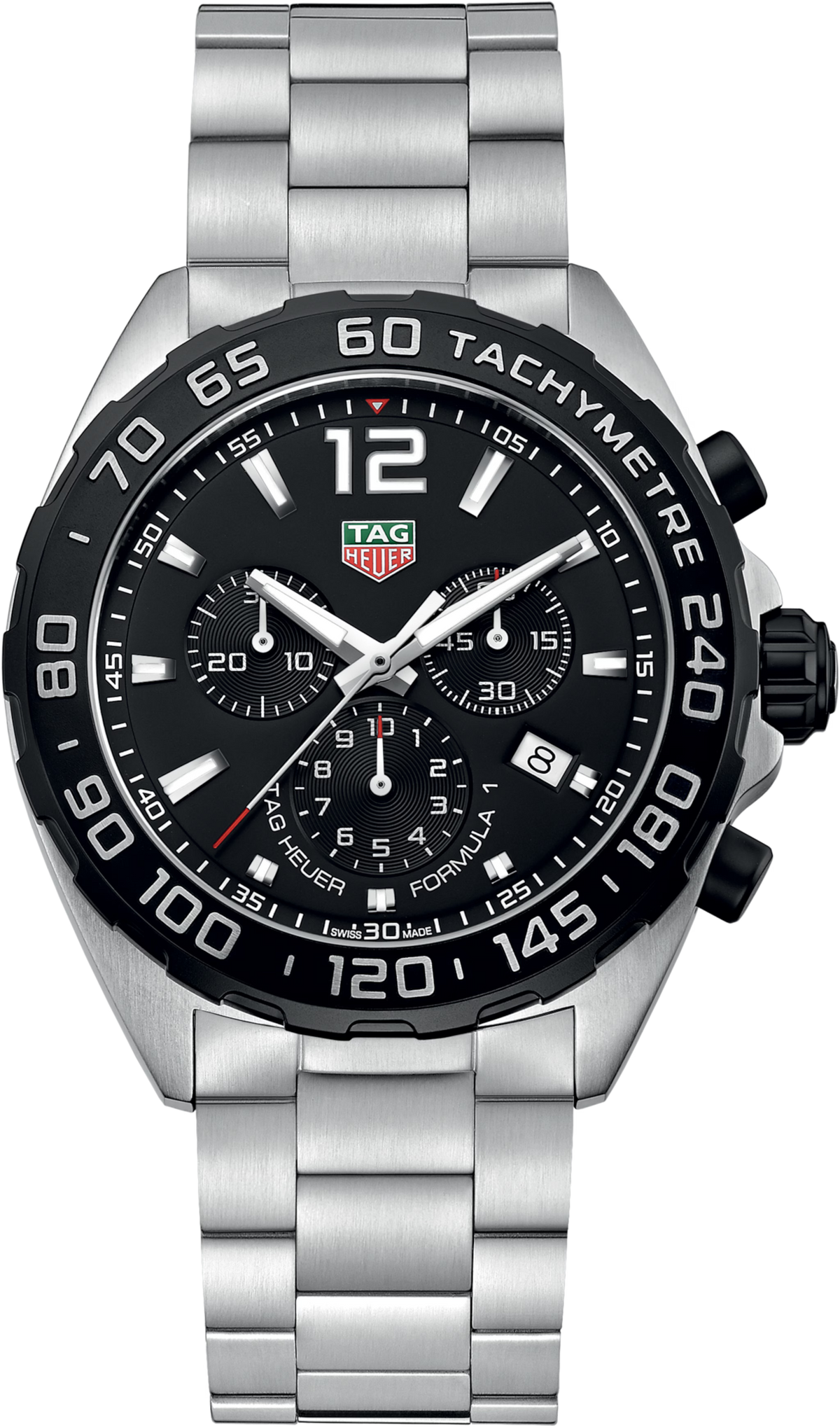 Orologio cronografo TAG Heuer Formula 1, quadrante nero e cinturino d'acciaio.