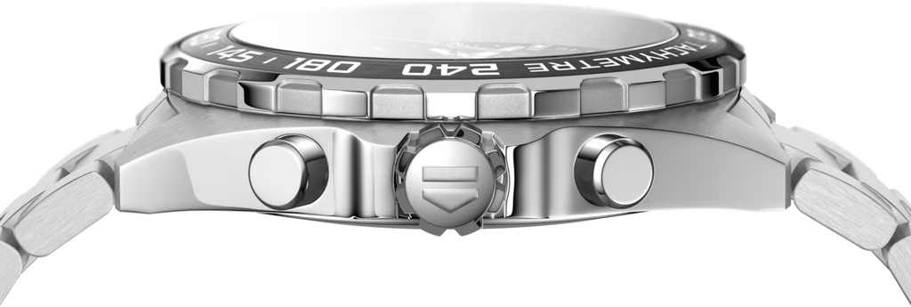 Orologio TAG Heuer profilo laterale in acciaio con pulsanti e corona