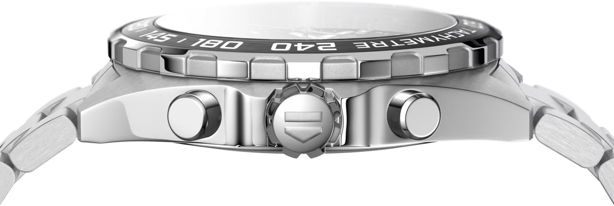 Orologio TAG Heuer profilo laterale in acciaio con pulsanti e corona