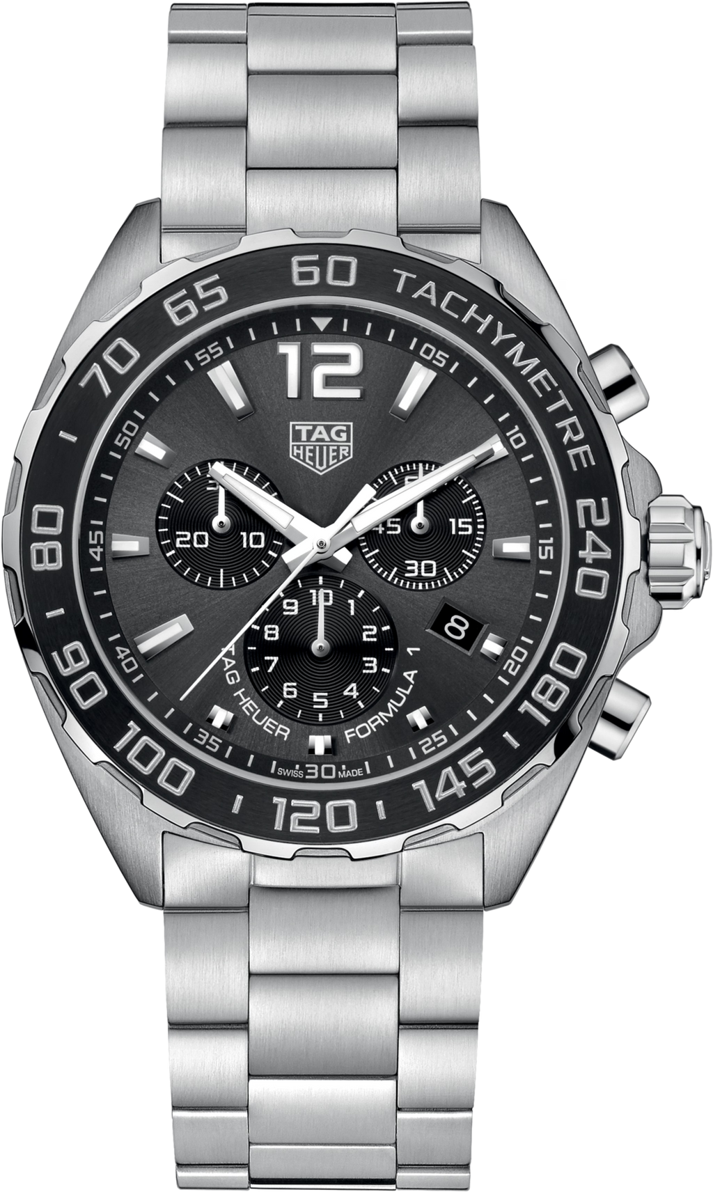 Orologio cronografo TAG Heuer con quadrante nero, lunetta ceramica e bracciale d’acciaio