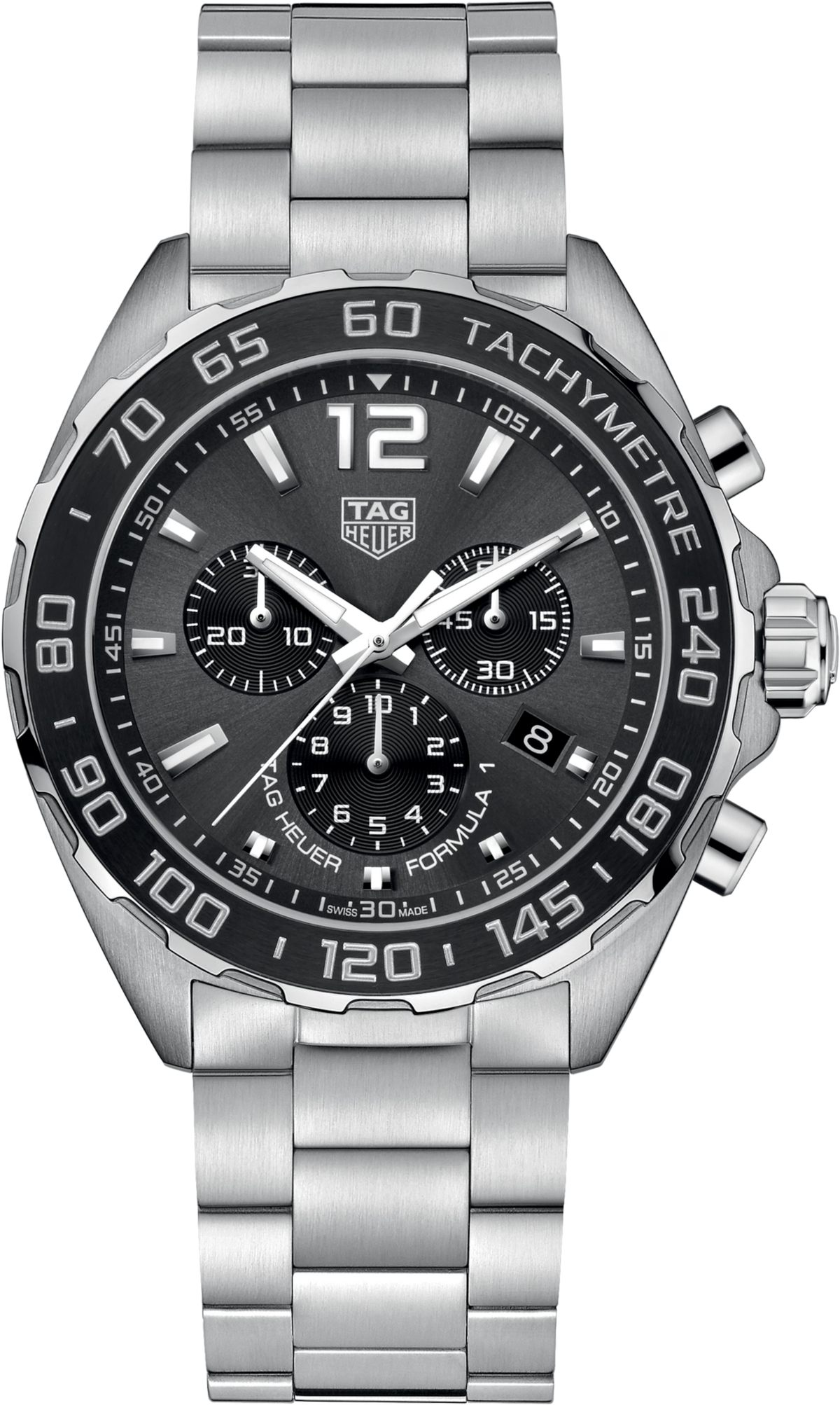 Orologio cronografo TAG Heuer con quadrante nero, lunetta ceramica e bracciale d’acciaio