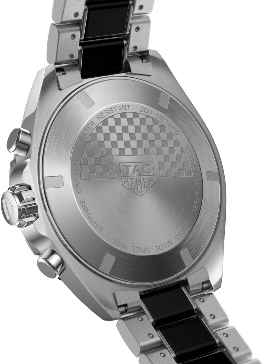 Orologio con fondello inciso, motivo a scacchi e scritta TAG Heuer