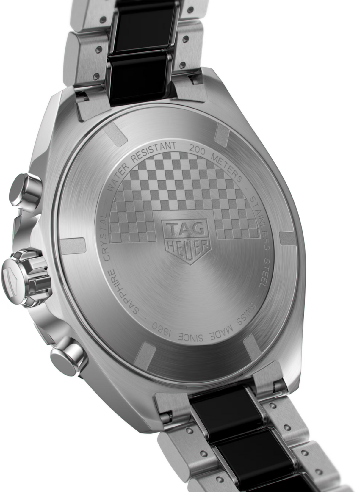 Orologio con fondello inciso, motivo a scacchi e scritta TAG Heuer