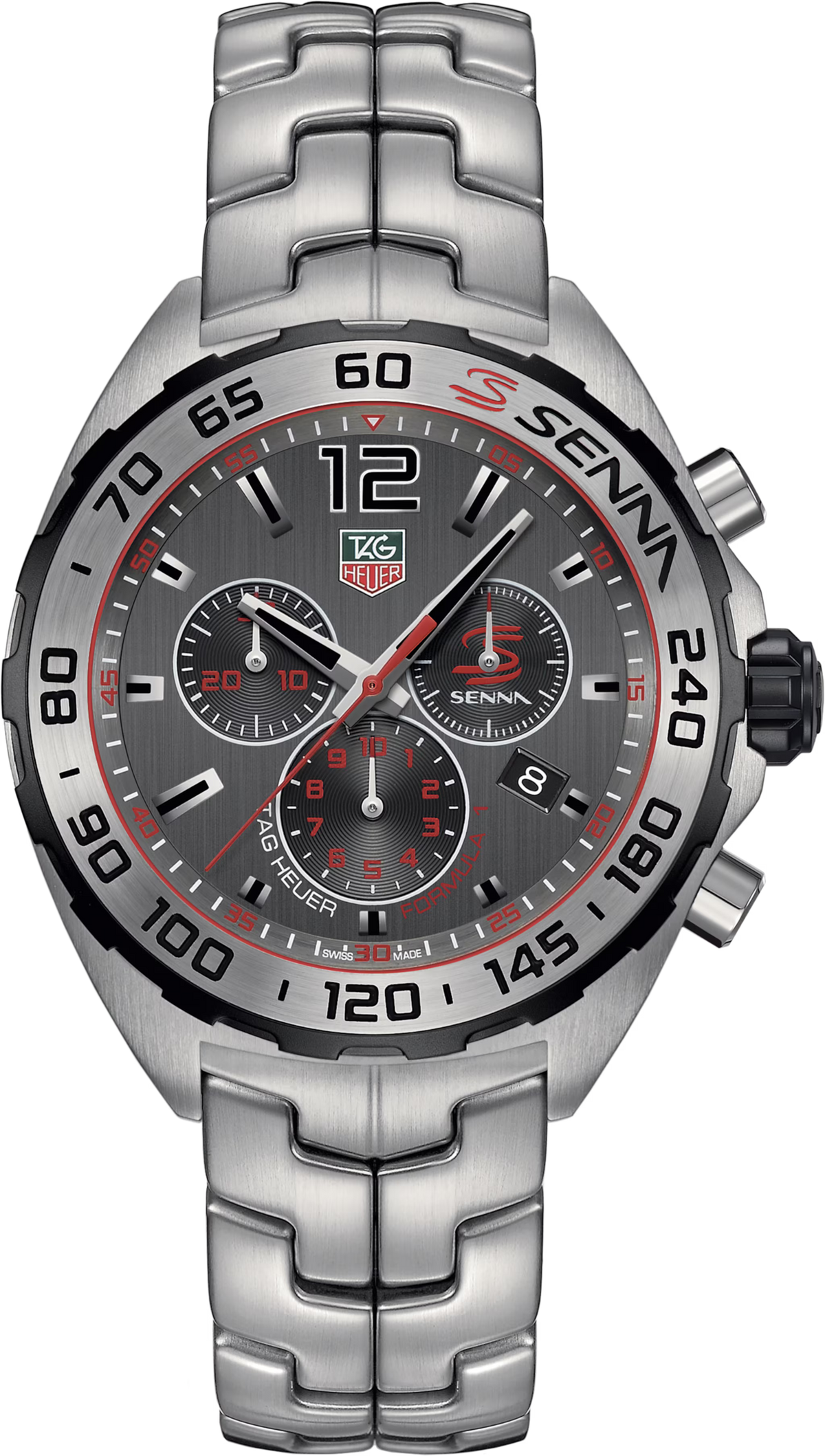 TAG Heuer orologio cronografo Senna in acciaio con quadrante nero e lunetta tachimetrica nera