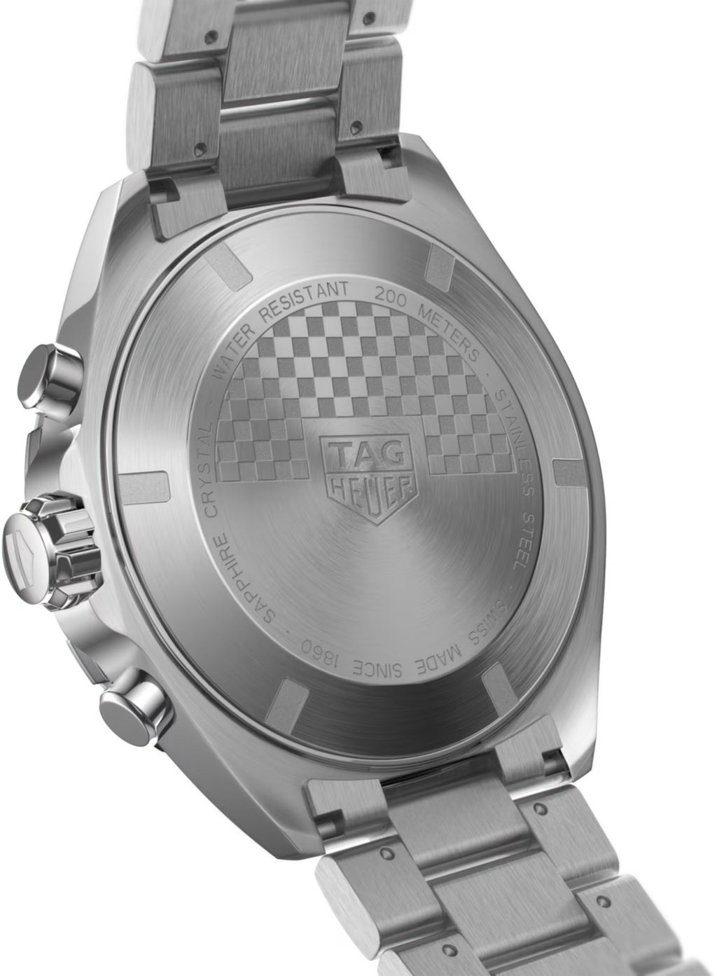 Orologio TAG Heuer con fondello in acciaio satinato, scritte e motivo a griglia