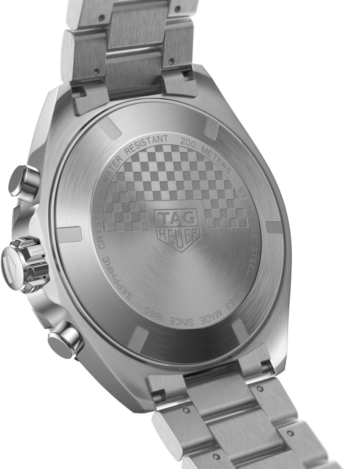 Orologio TAG Heuer con fondello in acciaio satinato, scritte e motivo a griglia