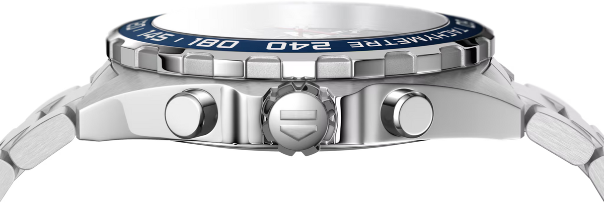 Orologio TAG Heuer con cassa in acciaio e corona, vetro e lunetta blu