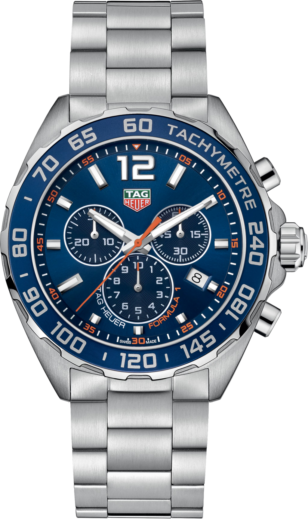 Orologio cronografo TAG Heuer con quadrante blu e lunetta tachimetrica in acciaio