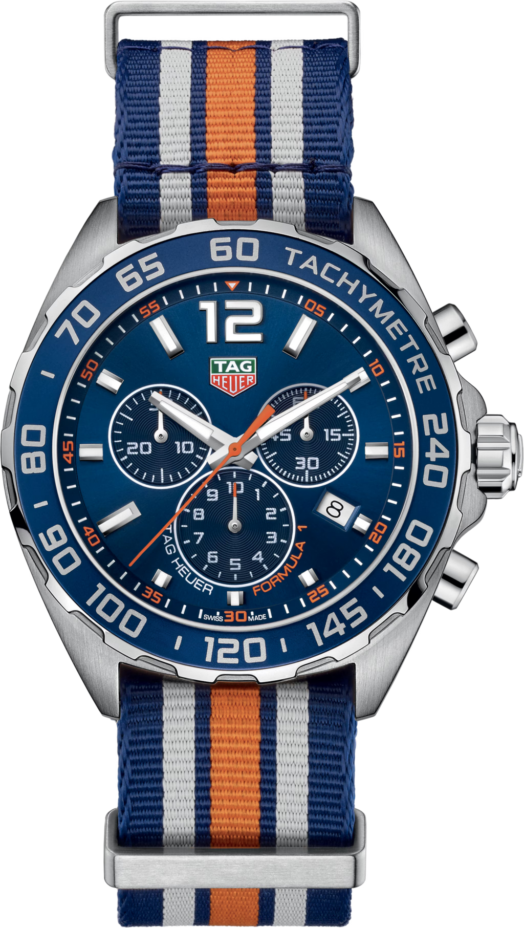 Orologio cronografo con quadrante blu e cinturino NATO blu-arancione a righe
