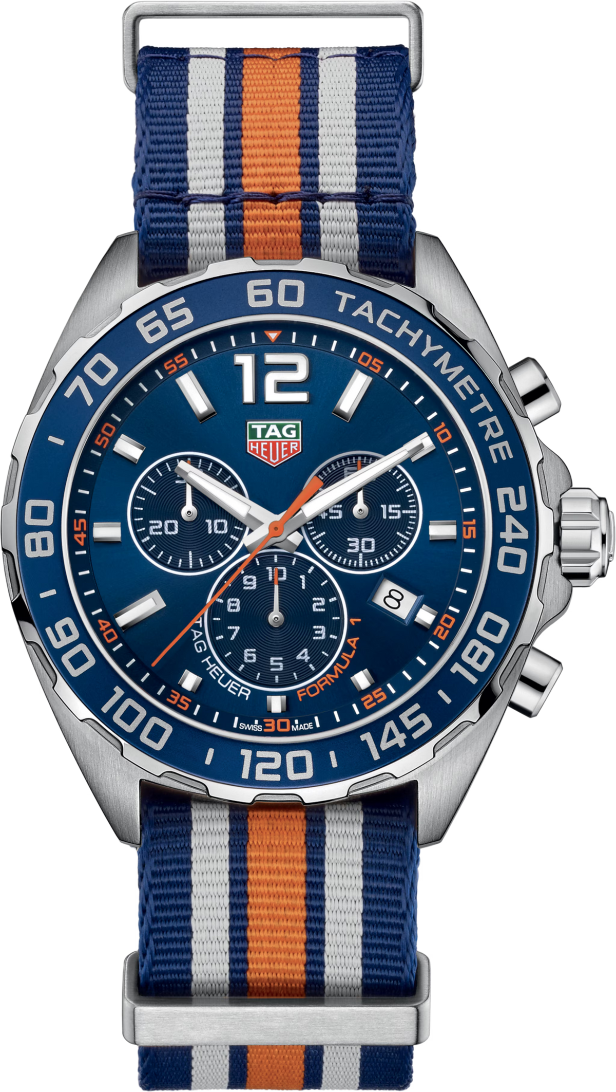 Orologio cronografo con quadrante blu e cinturino NATO blu-arancione a righe