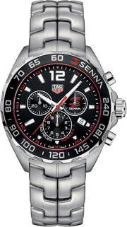 Orologio TAG Heuer cronografo con quadrante nero, lunetta nera tachimetrica e bracciale acciaio.