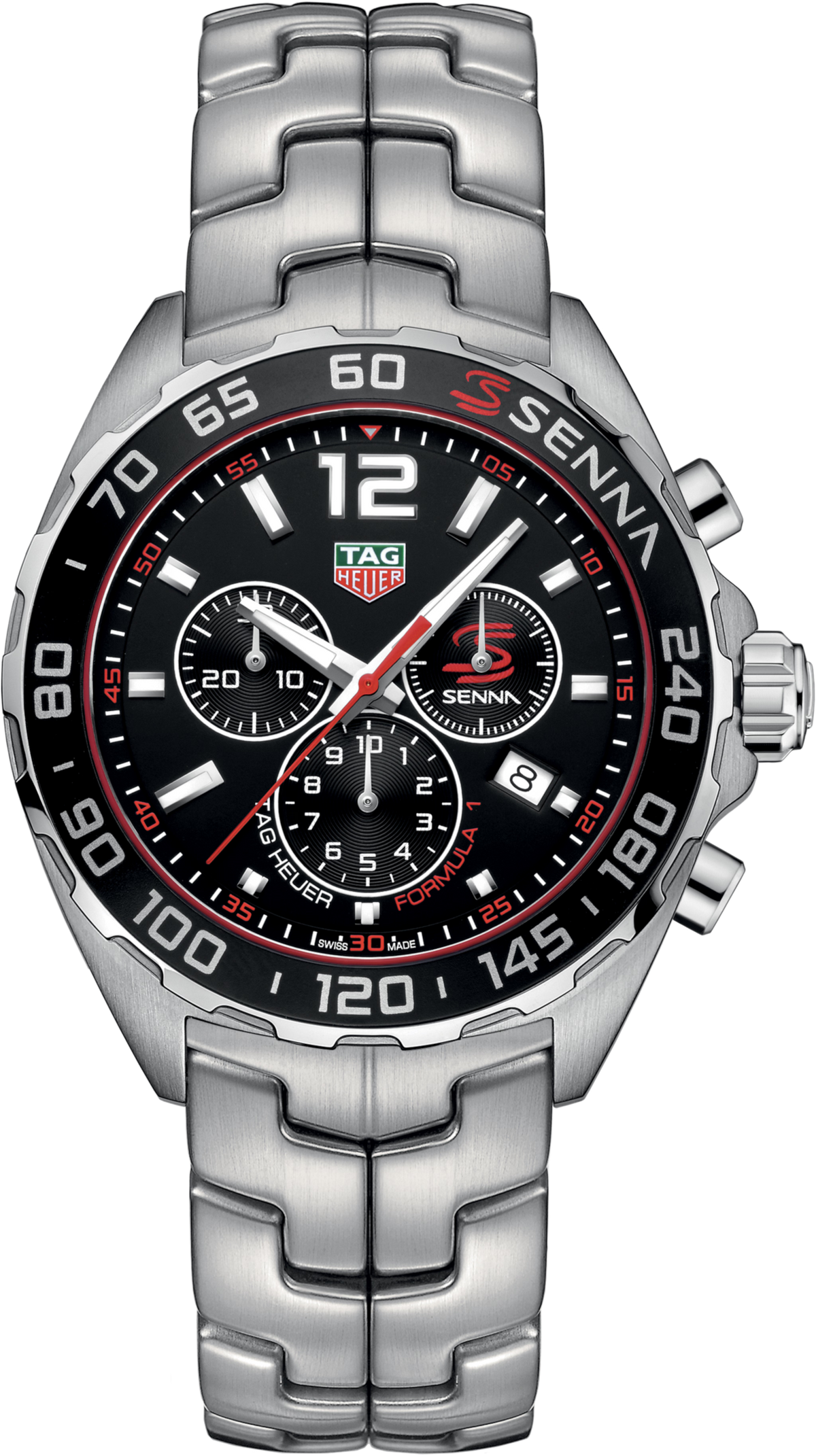 Orologio TAG Heuer cronografo con quadrante nero, lunetta nera tachimetrica e bracciale acciaio.