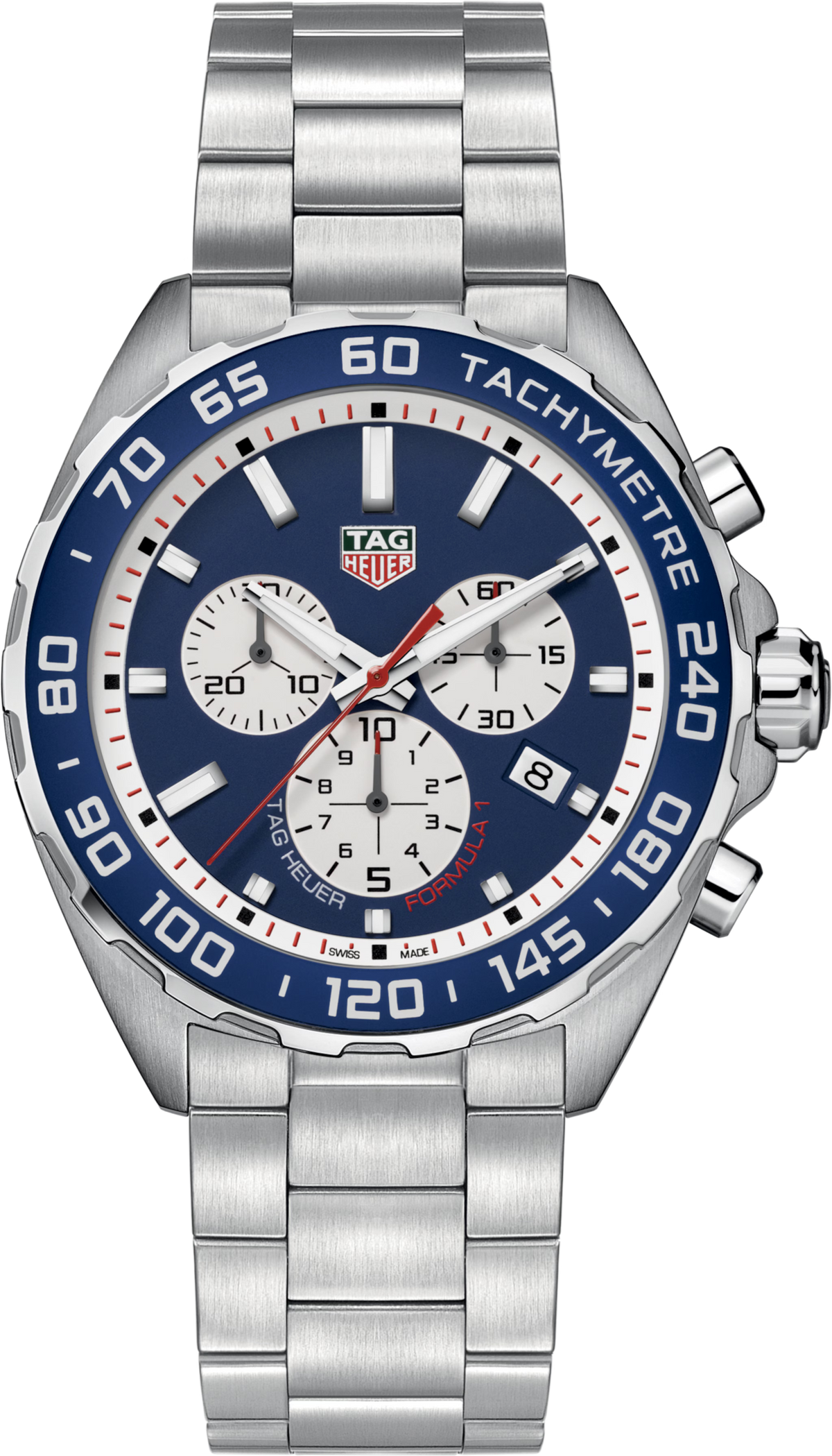 Orologio cronografo uomo: quadrante blu, lunetta tachimetrica acciaio, bracciale acciaio