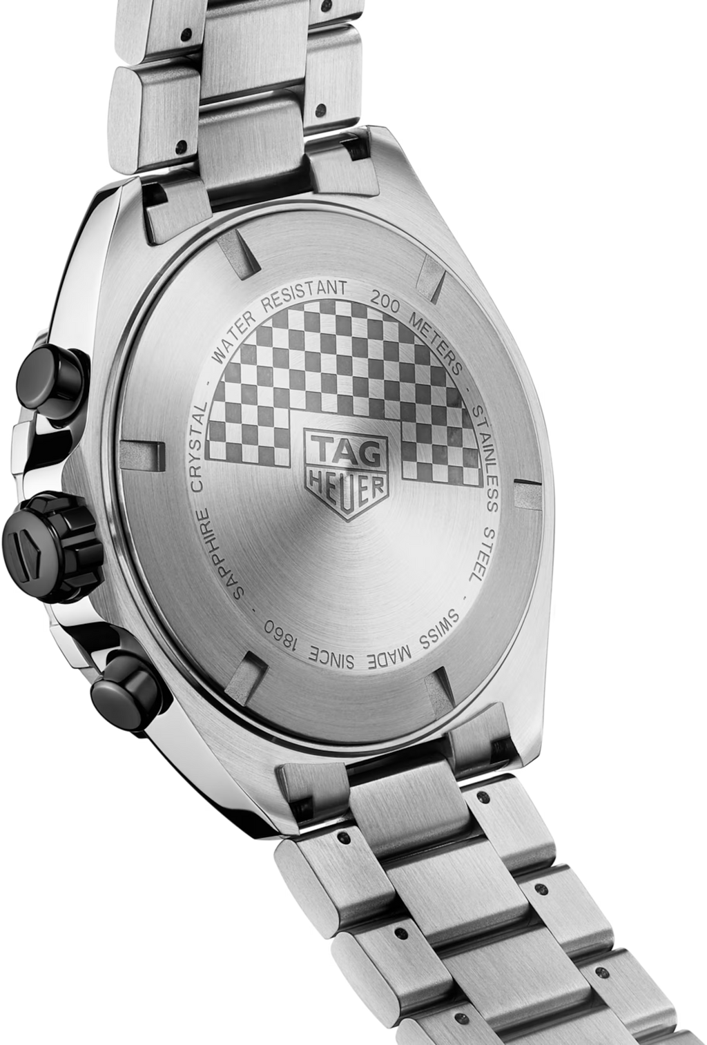 Fondello dell’orologio con scritte e simbolo TAG Heuer, bracciale in acciaio.