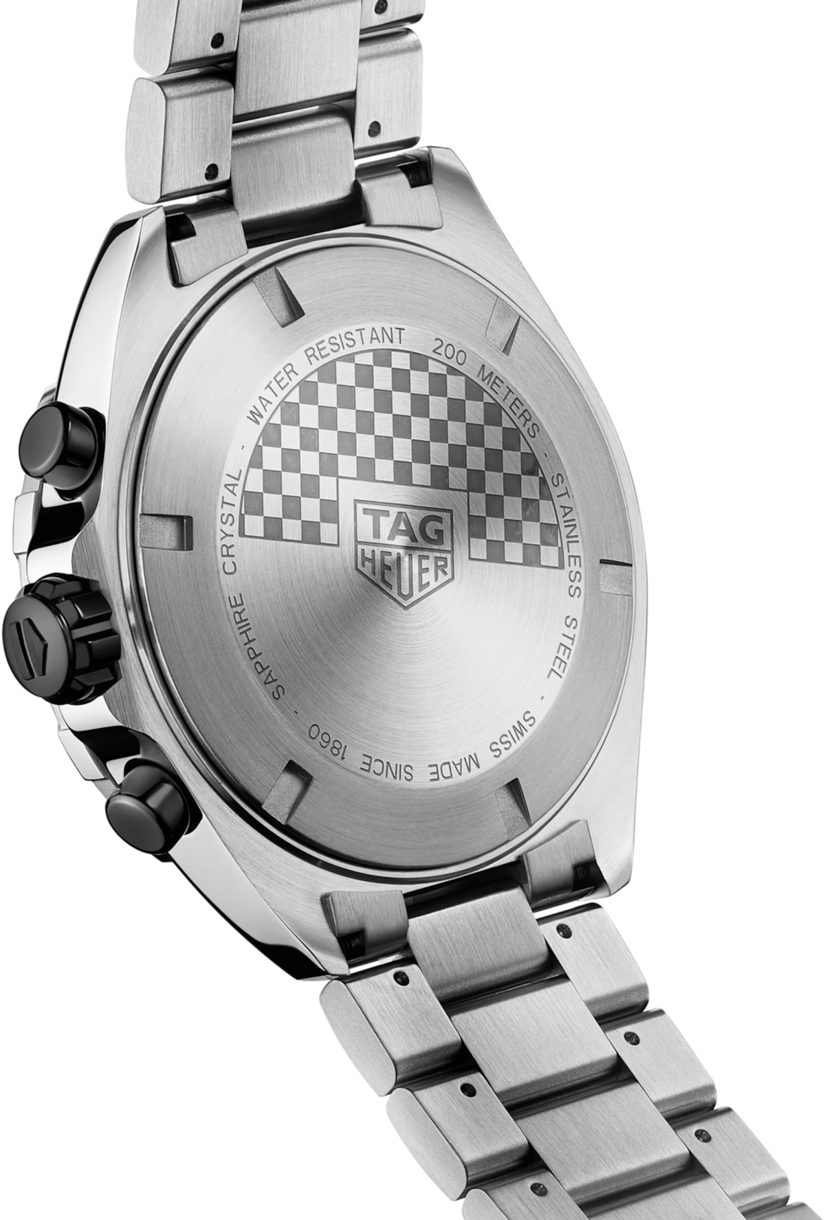 Fondello dell’orologio con scritte e simbolo TAG Heuer, bracciale in acciaio.
