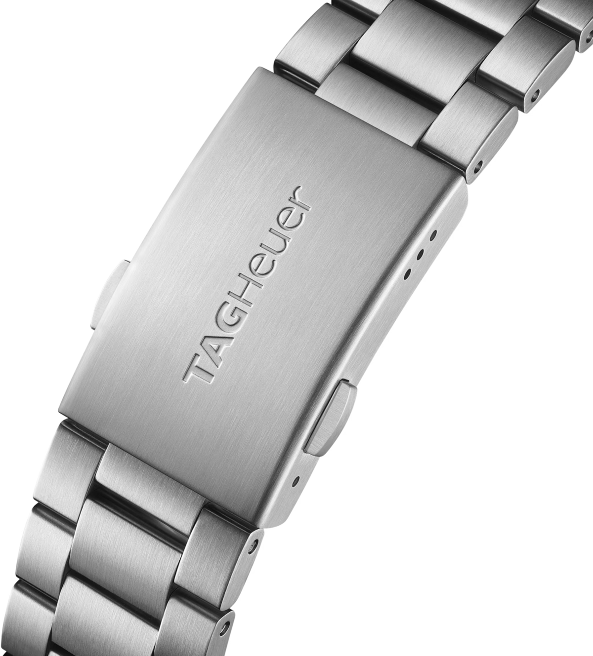 Chiusura e fibbia dell’orologio in acciaio satinato con logo TAG Heuer.