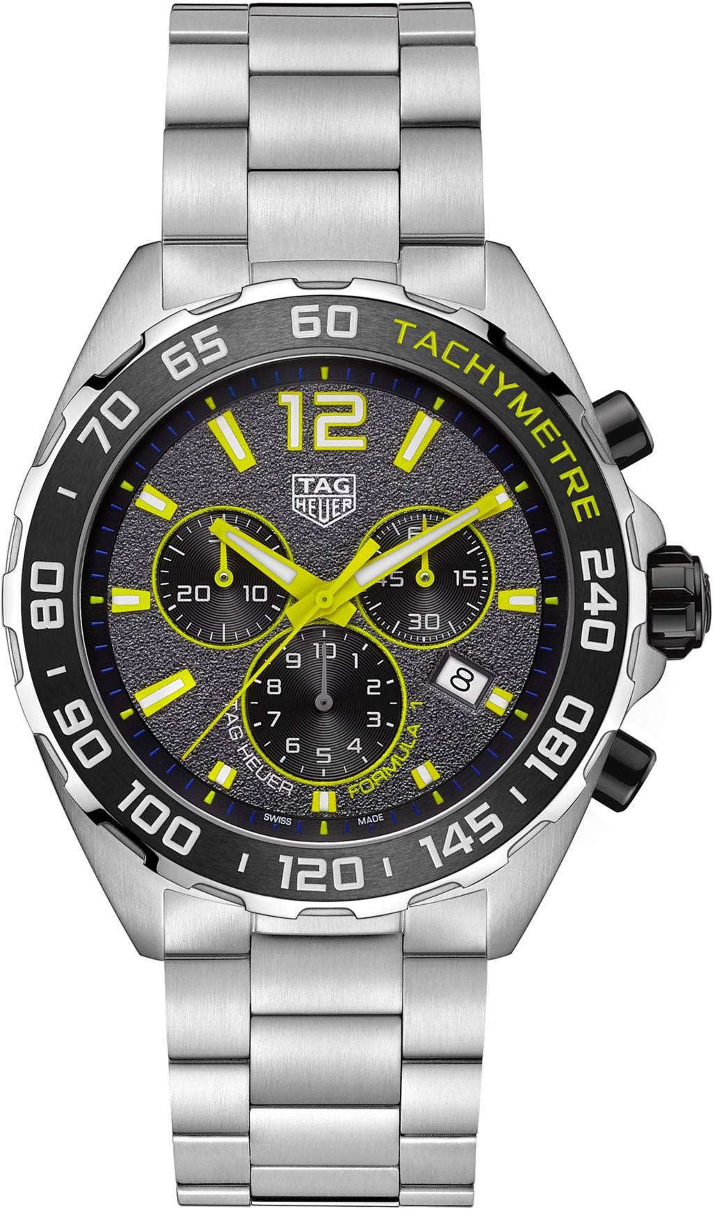 Orologio cronografo uomo con quadrante grigio e dettagli giallo lime, bracciale acciaio.