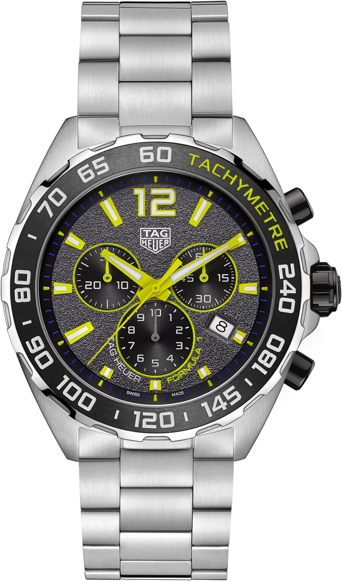 Orologio cronografo uomo con quadrante grigio e dettagli giallo lime, bracciale acciaio.