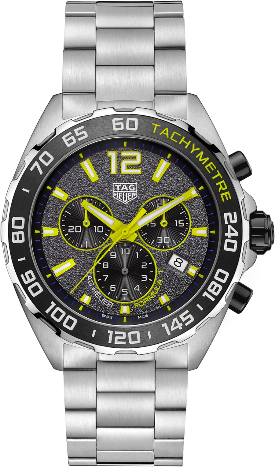 TAG Heuer Formula 1 Chronograph Uomo 43 mm Acciaio Quadrante Grigio Texturizzato Dettagli Giallo Lime Lunetta Ceramica Nera Tachimetrica Vetro Zaffiro Cronografo al Quarzo Data Bracciale Acciaio 20 ATM Swiss Made Ref. CAZ101AG.BA0842