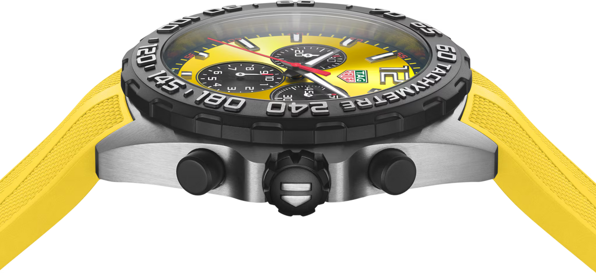 TAG Heuer Formula 1 Chronograph Uomo 43 mm Acciaio Quadrante Giallo Soleil Lunetta Tachimetrica Nera PVD Vetro Zaffiro Cronografo al Quarzo Data Cinturino Caucciù Giallo 20 ATM Swiss Made Ref. CAZ101AM.FT8054 Oasi Watch