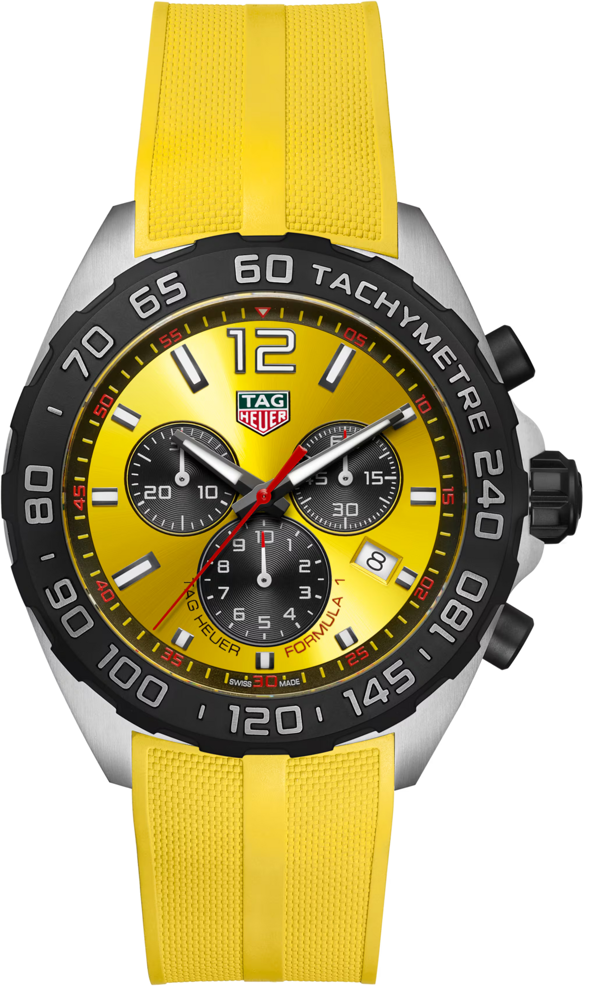 TAG Heuer Formula 1 Chronograph Uomo 43 mm Acciaio Quadrante Giallo Soleil Lunetta Tachimetrica Nera PVD Vetro Zaffiro Cronografo al Quarzo Data Cinturino Caucciù Giallo 20 ATM Swiss Made Ref. CAZ101AM.FT8054 Oasi Watch