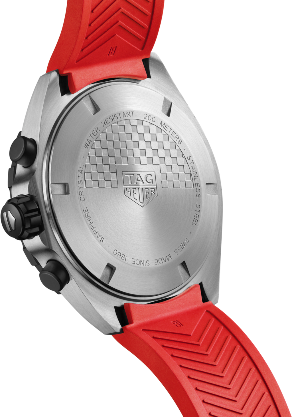 Orologio cronografo con fondello metallico e cinturino in caucciù rosso