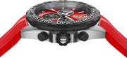 Orologio cronografo con ghiera tachimetrica nera e quadrante rosso, cassa laterale