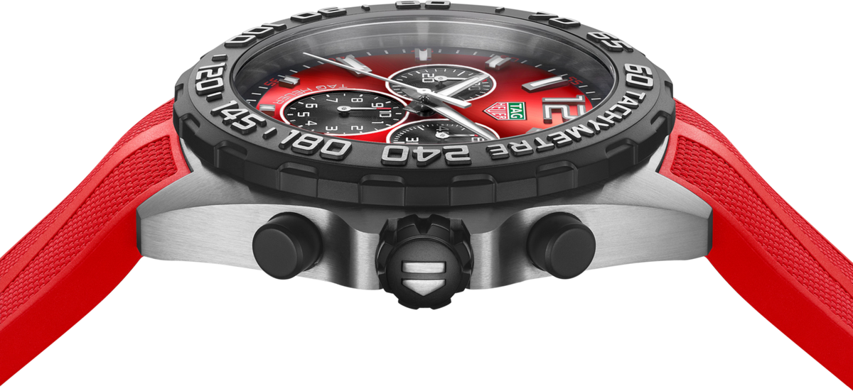 Orologio cronografo con ghiera tachimetrica nera e quadrante rosso, cassa laterale