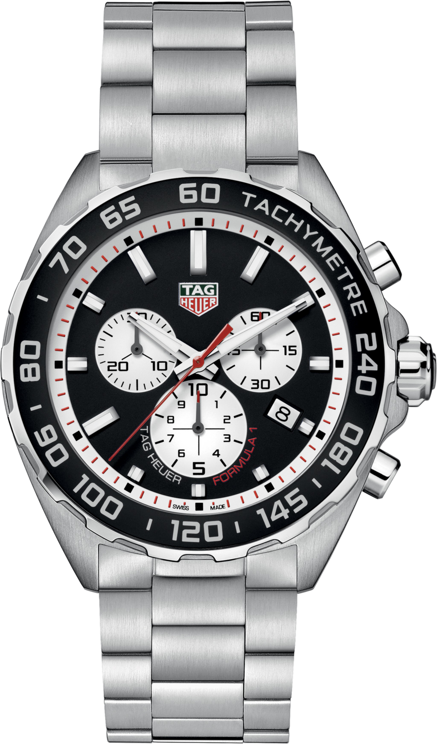 TAG Heuer Formula 1 Chronograph Quarzo Uomo 43 mm Acciaio Quadrante Nero Opalino Lunetta Fissa Acciaio Alluminio Vetro Zaffiro Cronografo 1/10 di Secondo Data Bracciale Acciaio 200 m Swiss Made Ref. CAZ101E.BA0842