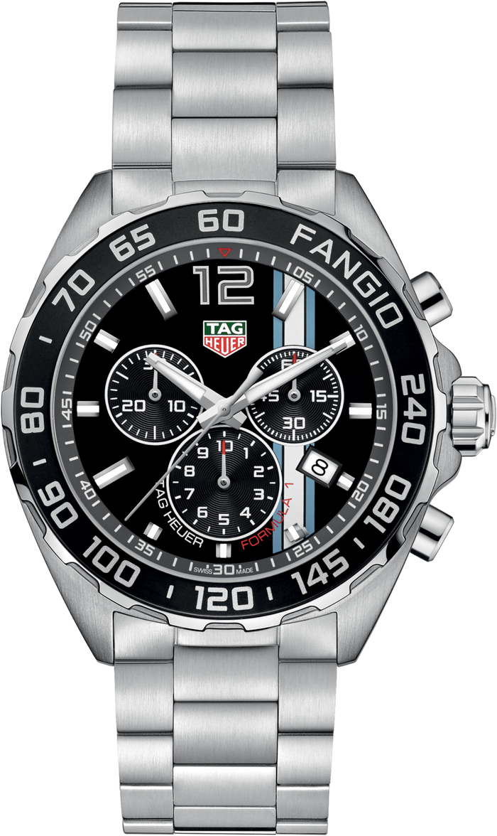 TAG Heuer Formula 1 Fangio Limited Edition Chronograph Quarzo Uomo 43 mm Acciaio Quadrante Nero Soleil Lunetta Fissa Acciaio Vetro Zaffiro Cronografo 1/10 di Secondo Data Bracciale Acciaio 200 m Swiss Made Ref. CAZ101H.BA0842