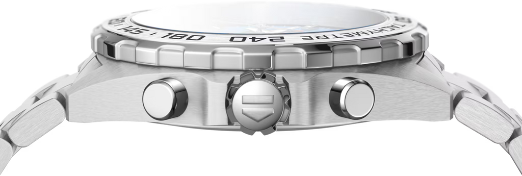 Cassa dell’orologio TAG Heuer in acciaio con pulsanti e ghiera.