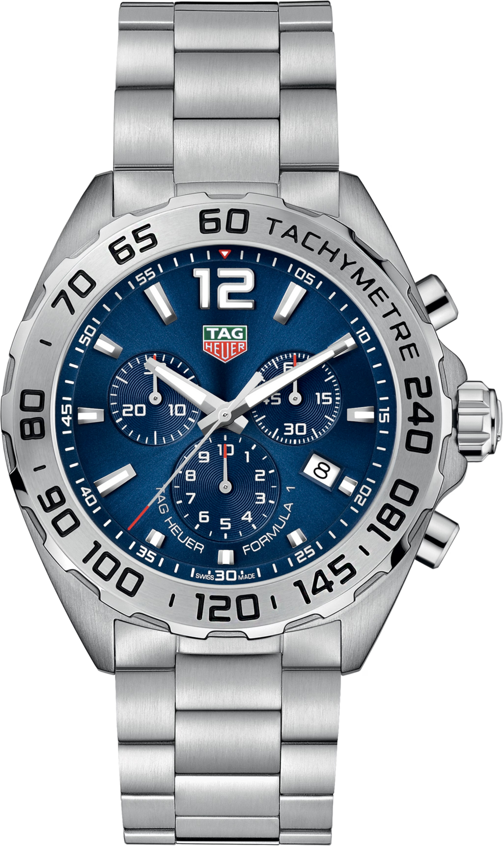 Orologio cronografo TAG Heuer in acciaio con quadrante blu e lunetta fissa.