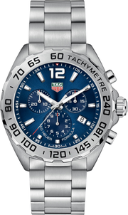 Orologio cronografo TAG Heuer in acciaio con quadrante blu e lunetta fissa.