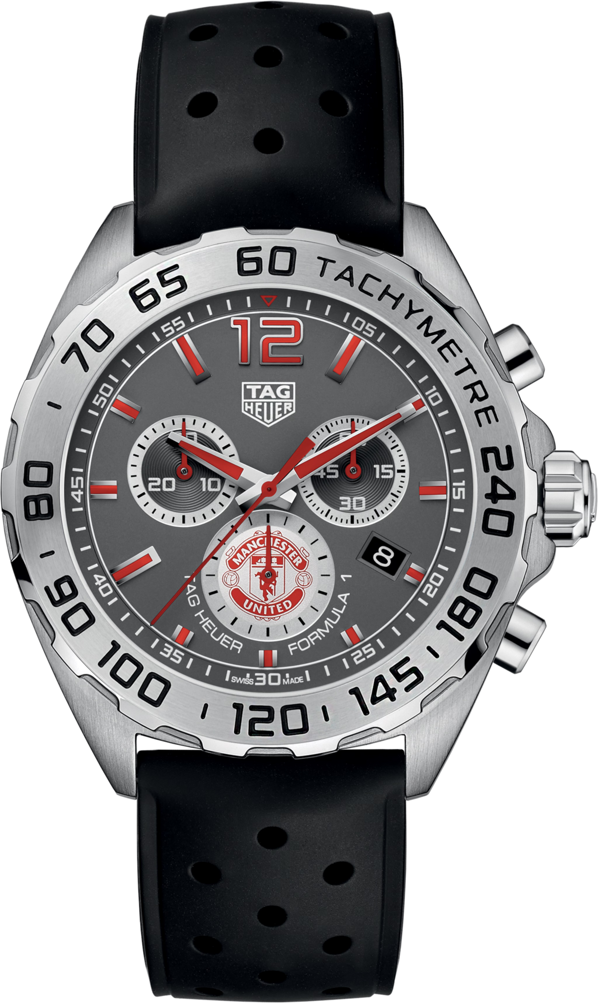 Orologio cronografo TAG Heuer con quadrante grigio e cinturino in caucciù nero.