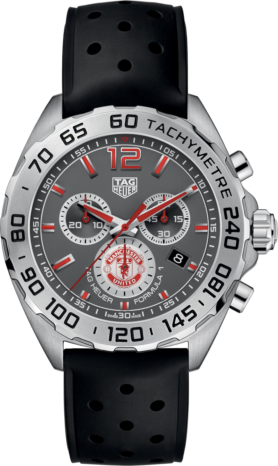 TAG Heuer Formula 1 Manchester United Special Edition Uomo 43 mm Acciaio Quadrante Nero Antracite Lunetta Tachimetrica Vetro Zaffiro Cronografo al Quarzo Data Cinturino Caucciù Nero 20 ATM Swiss Made Ref. CAZ101M.FT8024
