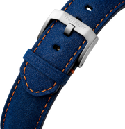 Orologio con cinturino in pelle blu con cuciture arancioni e fibbia in acciaio