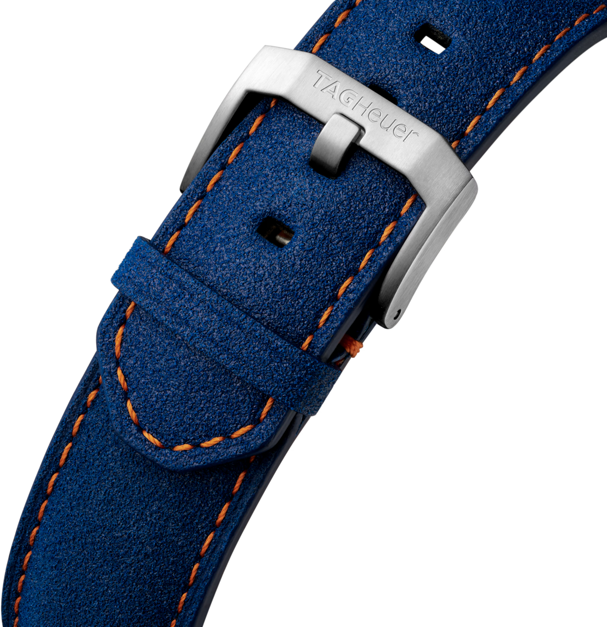 Orologio con cinturino in pelle blu con cuciture arancioni e fibbia in acciaio