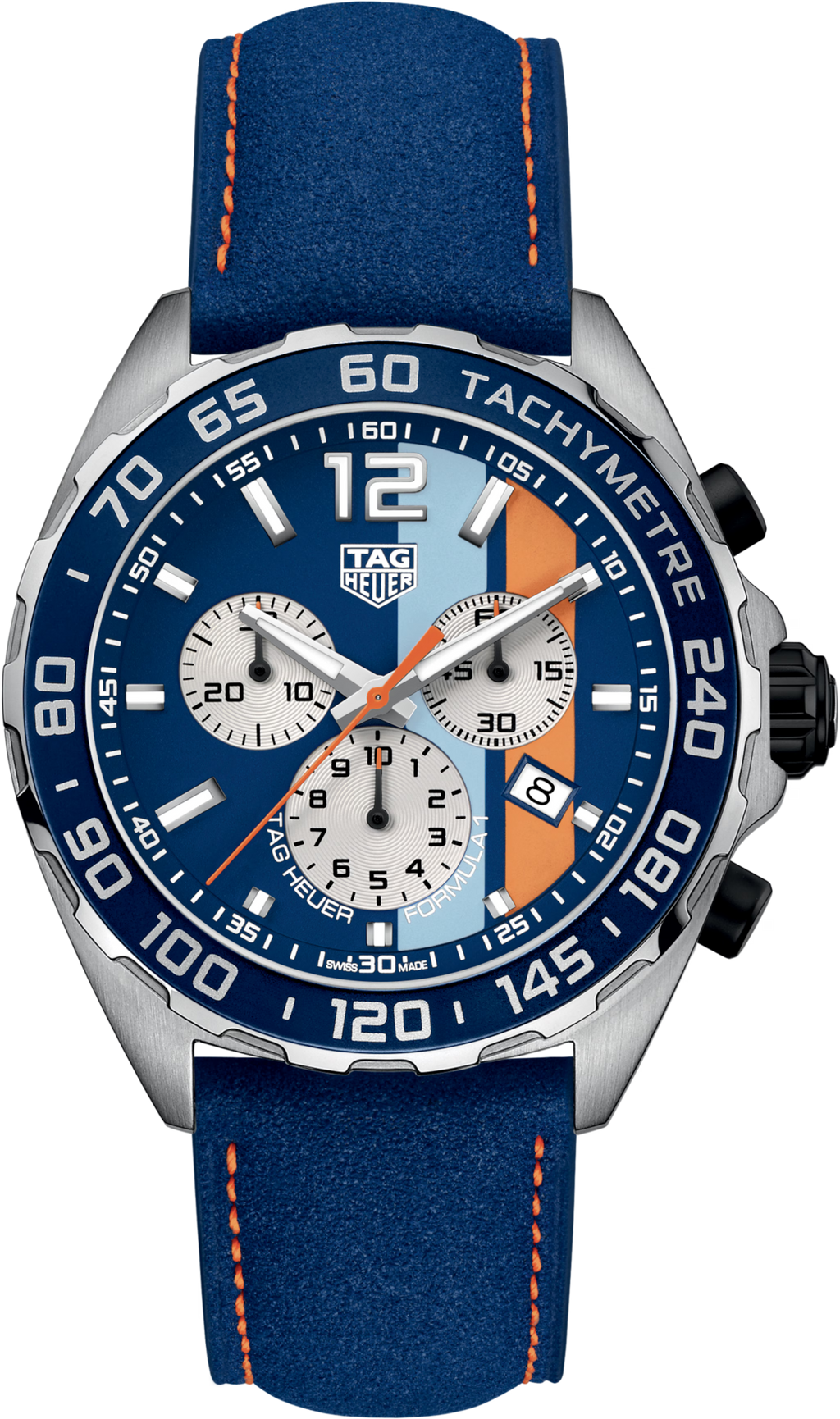 Orologio cronografo in acciaio con quadrante blu e cinturino in pelle blu