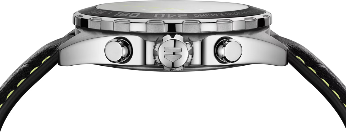 Orologio TAG Heuer cronografo: cassa in acciaio con pulsanti e corona