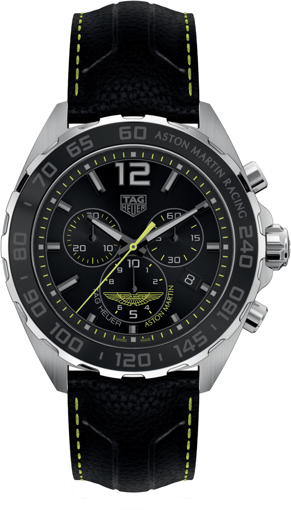 Orologio cronografo TAG Heuer con quadrante nero, cassa acciaio e cinturino pelle nera, dettagli verdi