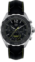 TAG Heuer Formula 1 Aston Martin Special Edition Chronograph Quarzo Uomo 43 mm Acciaio Quadrante Nero Acciaio Vetro Zaffiro Cronografo 1/10 di Secondo Data Cinturino Pelle Nera 200 m Swiss Made Ref. CAZ101P.FC8245